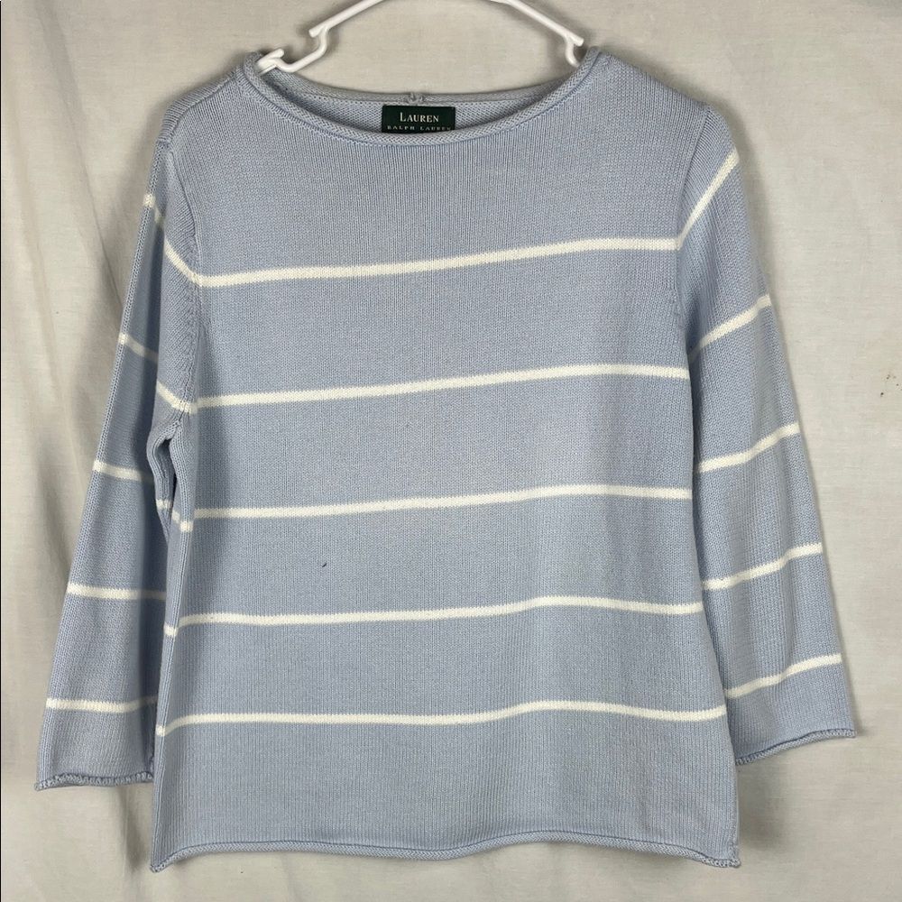 Lauren Ralph Lauren Light Blue Striped Cotton Sweater with Rolled Hems